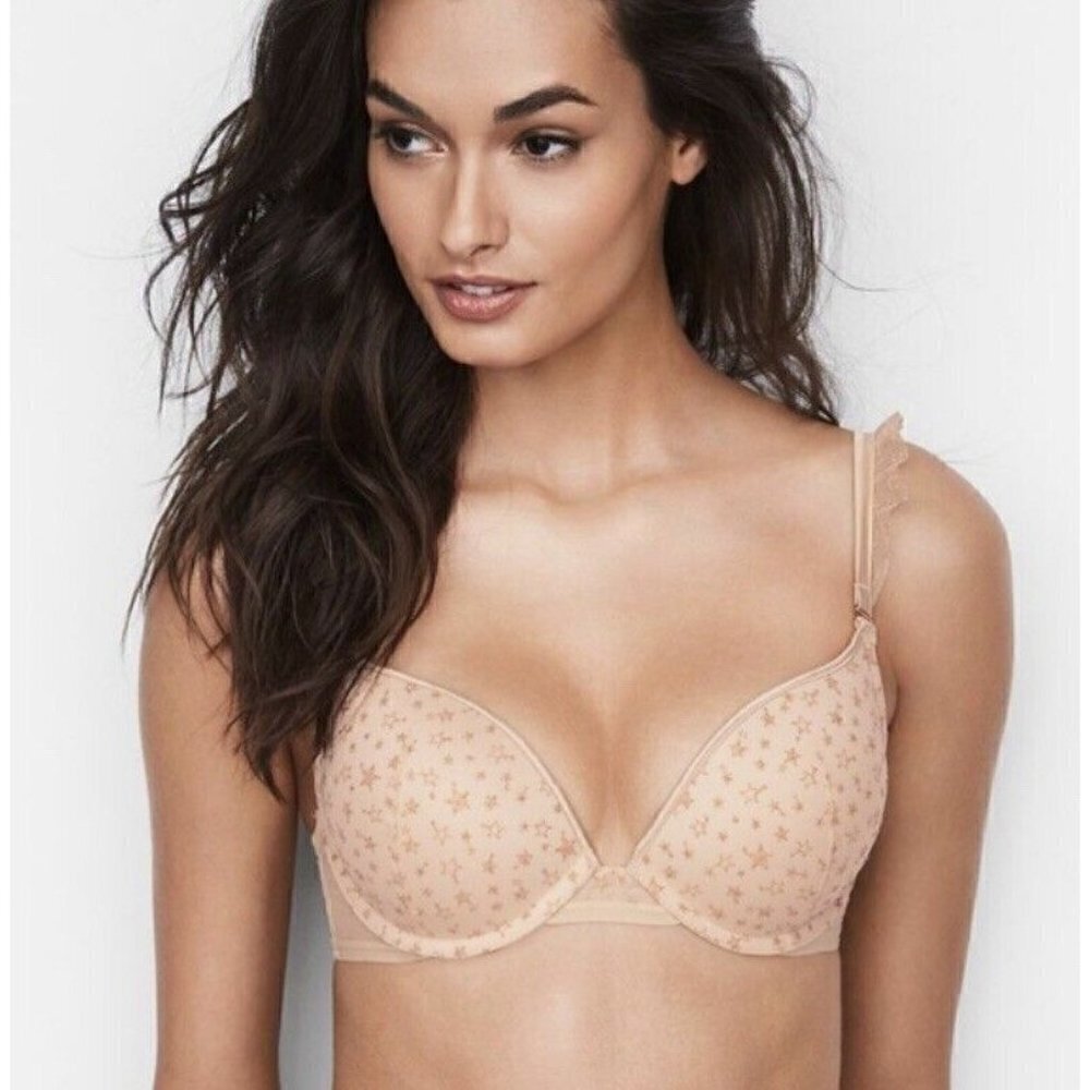 Victorias Secret Dream Angels Nude Push-Up Bra Gold Glitter Stars Memory Fit 38C